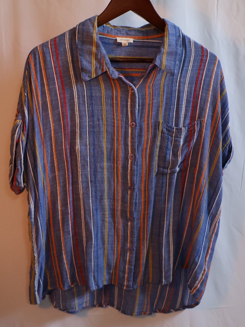 En Creme Blue Multicolor Striped Button Front Shirt, Size Large